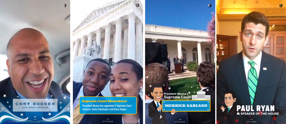 Snapchat introduserer oss for senator Cory Booker, USAs høyesterett, Obamas nominasjon og speaker Paul Ryan. Skjermbilder fra Snapchat-historien "Obamas pick" fra 16. mars 2016.