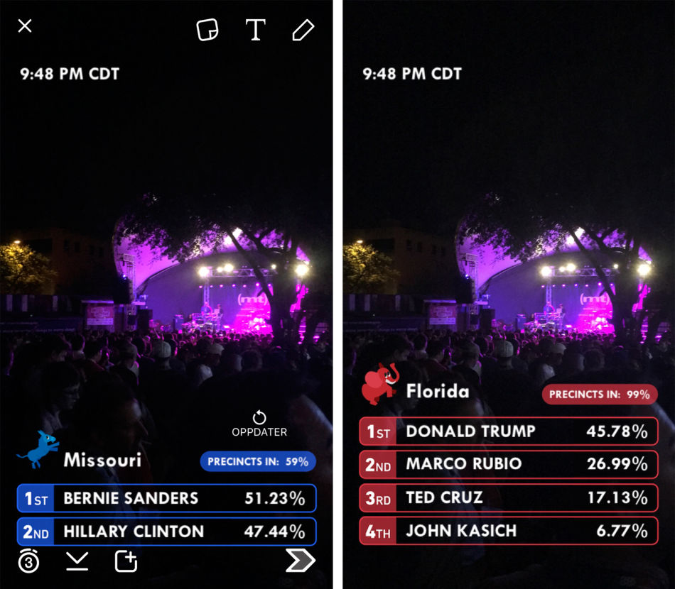 Valgresultat-filtre tilgjengelige på Snapchat da stemmene ble talt opp etter nominasjonsvalget i Florida og Ohio. Skjermbilder fra Snapchat 15. mars i Austin, Texas.