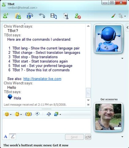Slik så MSNs oversetter-robot ut. Du velger språk og skriver en setning, og roboten svarer deg med oversettelsen. Foto: MSN