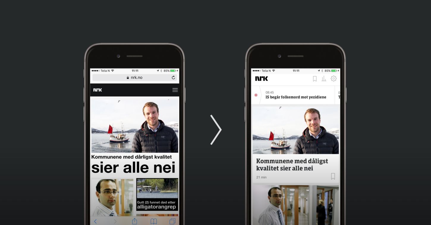 Gammel nrk.no-app til venstre - ny NRK-app til høyre.