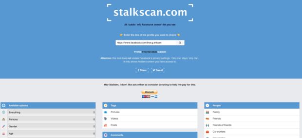 Stalkscan lar deg hente ut alt av åpen informasjon på Facebook. Foto: Skjermdump
