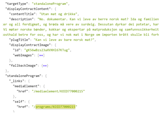 Part of API response from the front-page with the self-link to the program shown.