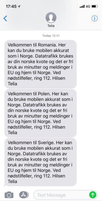 SMS-logg som viser at telefonen har koblet seg til operatør i Romania, Polen og Sverige under flyturen. Men heldigvis Roam Like Home i alle de landene.