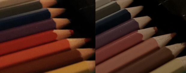 To forstørrede bilder som viser fargestifter.