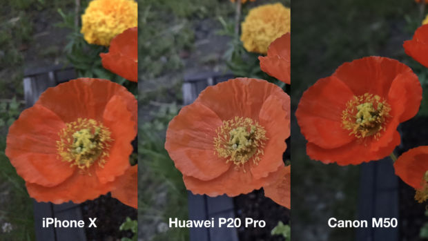 Tre bilder tatt i dårlig lys med iPhone, Huawei og Canon.