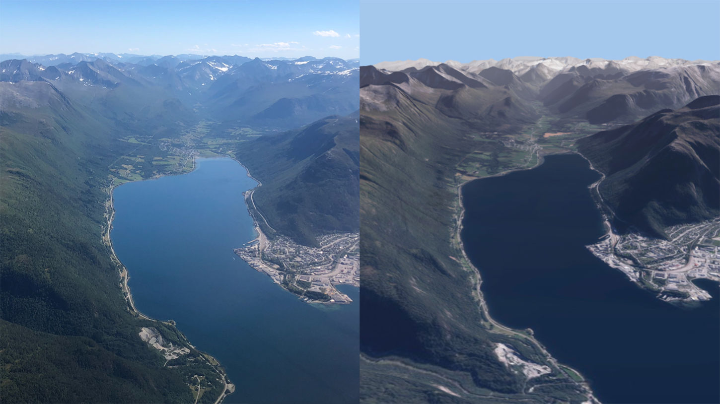 Isfjorden, fra fly og i simulator. Foto: Kristoffer Dyrkorn. Data fra Kartverket.