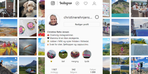 Skjermdump fra Christines Instagram-konto. Viser bilder av bl.a. kajakker, fjell, hund og barn.