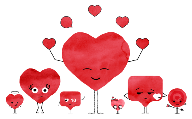 Sju røde hjerter med ansikter illustrerer de sju liker-typene.