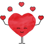 Et tegnet, rødt hjerte som sjonglerer med masse småhjerter illustrerer liker-typen Den rause. 
