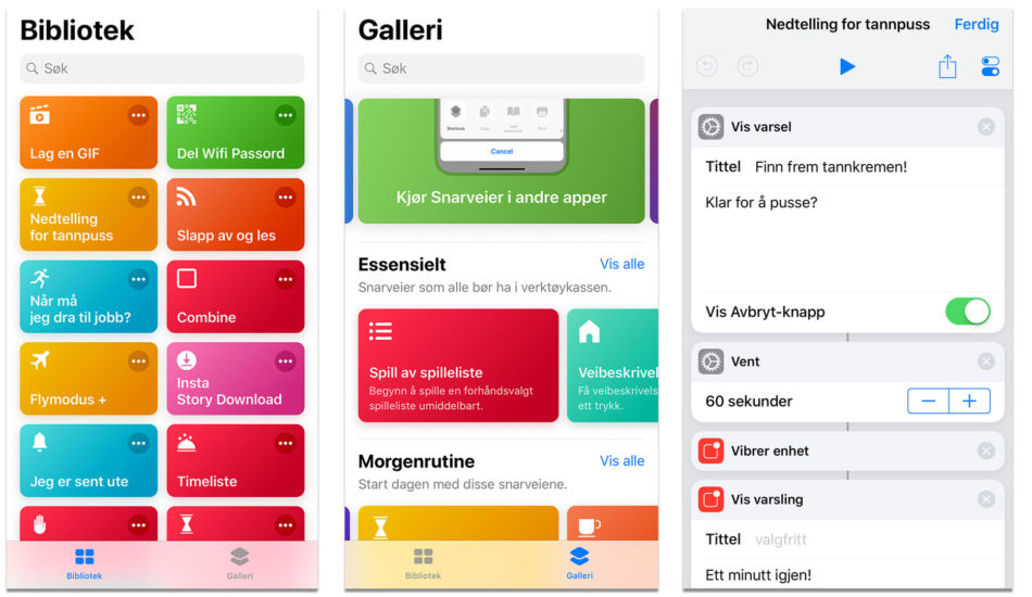 Tre skjermbilder fra Snarvei-appen på en iphone