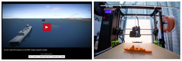Bildemontasje: skjermbilde av VGs nettløsning hvor man kan se fregatt-kollisjonen og til høyre et bilde av en liten 3D-printet modell av Helge Ingstad med en 3D printer i bakgrunnen.