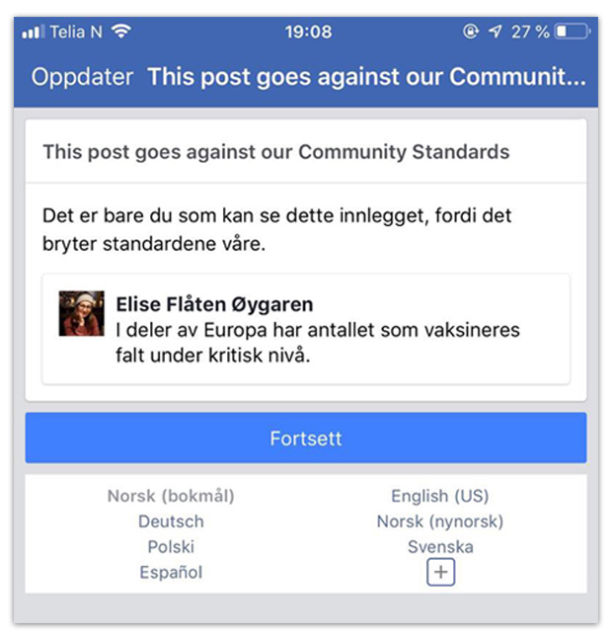 Denne meldingen fikk Elise om at et av hennes innlegg ikke var i henhold til Facebooks retningslinjer. 