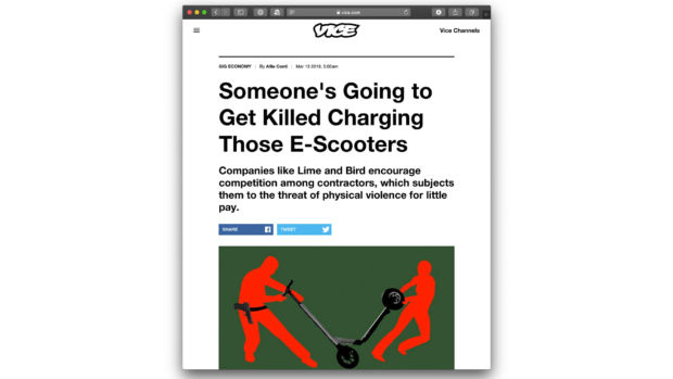 Faksimile av saken "Somebody's going to get killed charging those E-scooters" fra VICE