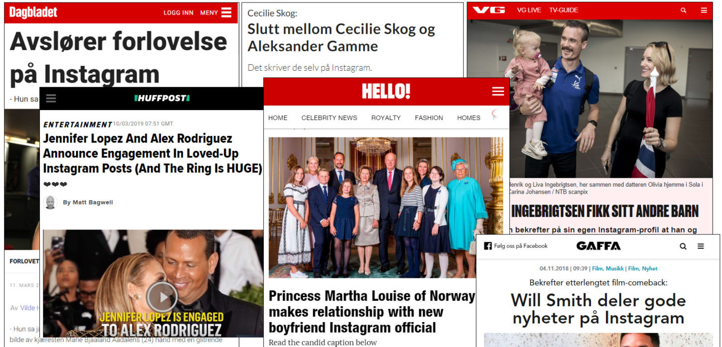 Faksimiler fra norske og utenlandske aviser med overskrifter som "avslører forlovelse på Instagram".