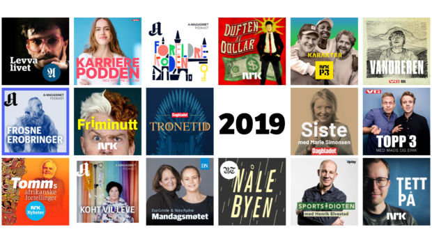 Rutenett med en rekke bilder av ulike podcaster som er lansert i 2019.