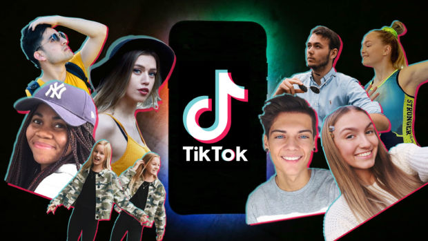 En collage med norske TikTok-ere på hver sin side av en mobiltelefon med TIkTok-logo på skjermen.