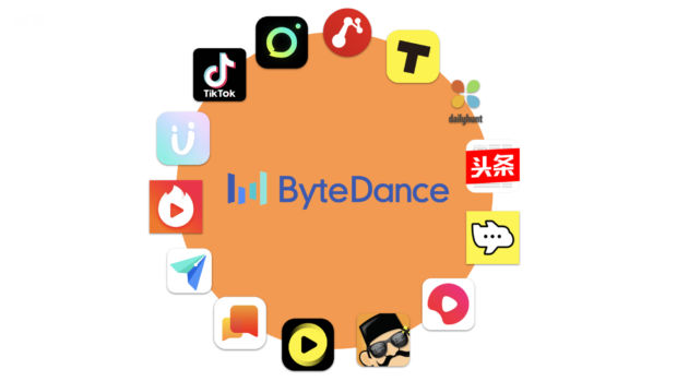 En rekke app-symboler omringer logoen til ByteDance.