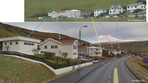 En montasje med to bilder. Et kornete utsnitt av en video med en rekke hus. Det andre bildet viser samme husrekke fra en annen vinkel med høyere kvalitet, og piler indikerer de ulike husene.