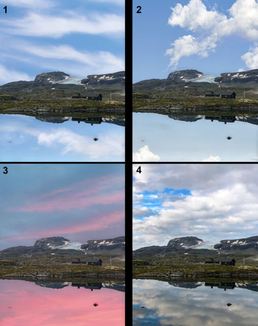 Fire ulike himler over Hardangerjøkulen. Ser du hvilke som er den ekte? Foto/Manipulasjon: Marius Arnesen/NRKbeta 2019 (CC40 BY SA)