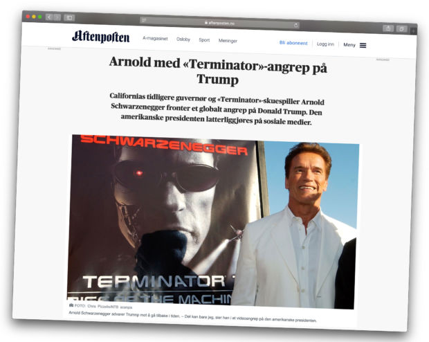 Et skjermbilde av Aftenpostens sak "Arnold med 'terminator'-angrep på Trump"