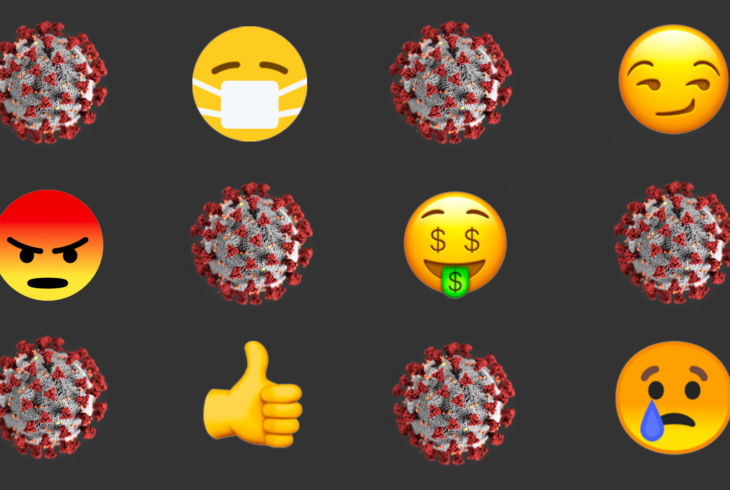 I et rutemønster sees bilder av populære emojier fra sosiale medier (tommel opp, sint, syk, lei seg, pengegrisk) og en 3D-illustrajson av koronaviruset.