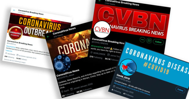 Fire ulike Twitter-kontoer med brukernavn som inkluderer corona og nyheter