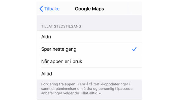 Menyvalg for Google maps-appen på en Iphone. Valgene som vises er "Aldri", "Spør meg hver gang, "Når appen er i bruk" og "Alltid".