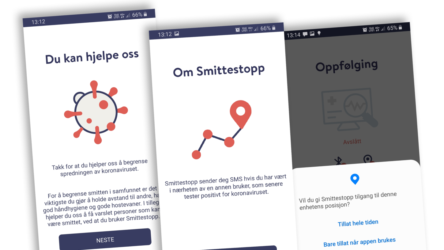 Tre skjermbilder av den norske appen Smittestopp, som viser ulike data som appen samler inn.