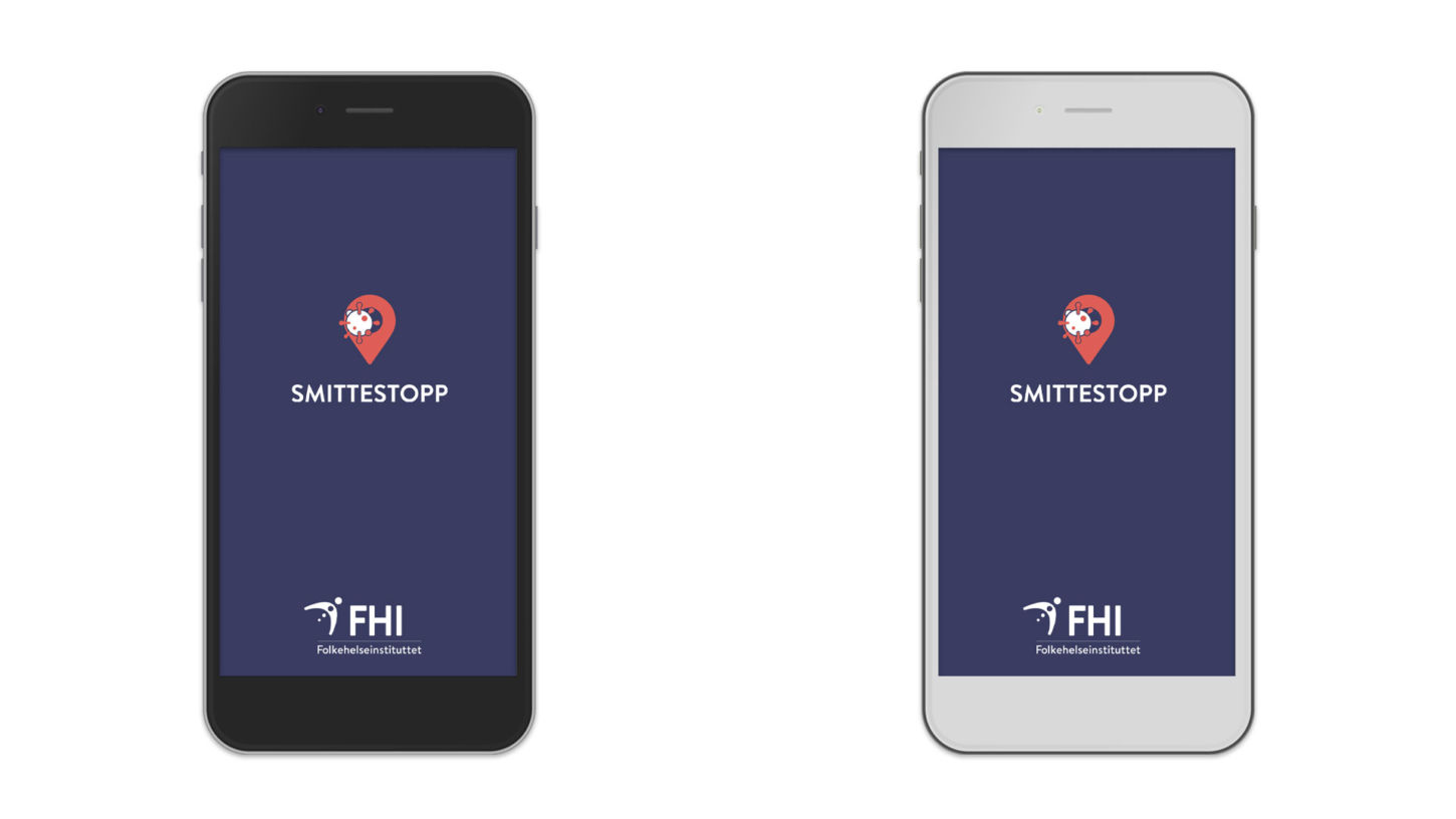 To mobiltelefoner, en sort og en hvit står ved siden av hverandre. Begge har logoene til Smittestopp og FHI på skjermen.
