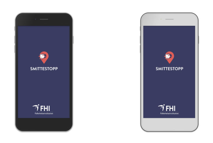 To mobiltelefoner, en sort og en hvit står ved siden av hverandre. Begge har logoene til Smittestopp og FHI på skjermen.