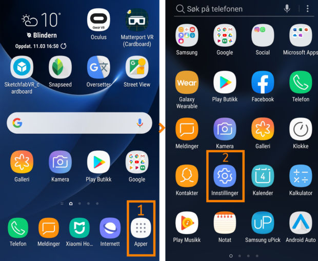 To skjermbilder viser hvordan man navigerer til innstilligene på en Android-mobiltelefon.