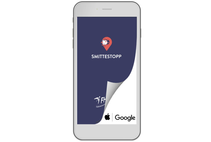 En illustrasjon av en mobiltelefon med appen Smittestopp. I nederste høyre hjørne er en flik av appen brettet opp, og apple og googles logo er synlig.