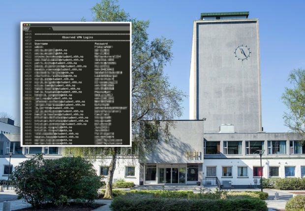 Et bilde av campus-området ved NHH i bakgrunnen, med et skjermbilde fra et dataprogram i forgrunnen. Denne viser anonymiserte innloggins-detaljer, som tydelig er tilknyttet NHH-brukere.