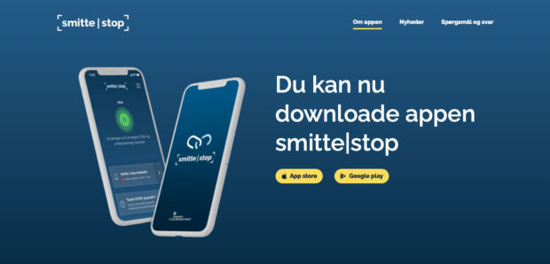 Et skjermbilde av app-siden til den danske appen Smitte|stopp.