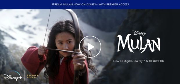 Et skjermbilde av en reklame for tidlig-tilgang til filmen Mulan på Disneys strømmetjeneste.