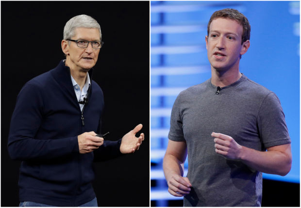 Sammensydd bilde av Apples sjef og Facebooks sjef som gestikulerer og prater