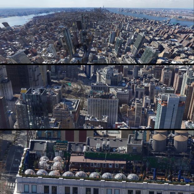 Oversiktsbilde av New York hvor det zoomes inn på små, runde drivhus på taket av et bygg.