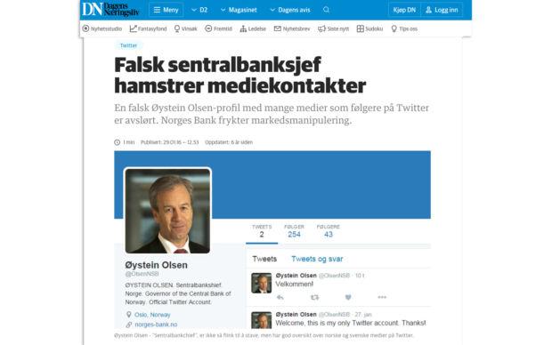 Skjermbilde av saken "Falsk sentralbanksjef hamstrer mediekontakter"