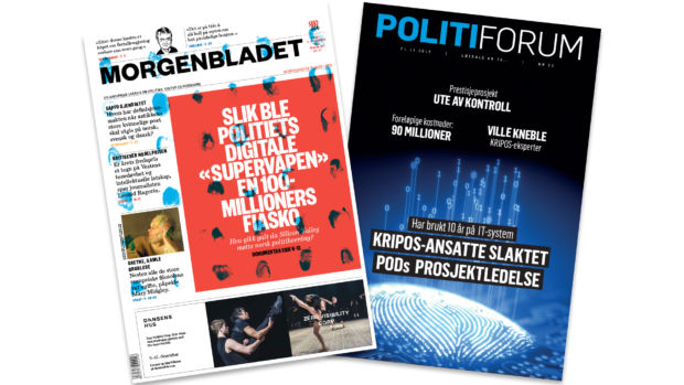 En fotomontasje med to forsider fra hhv. Morgenbladet i 2021 og Politiforum i 2019 hvor Palantir og budsjettsprekken til Politiet er tema.