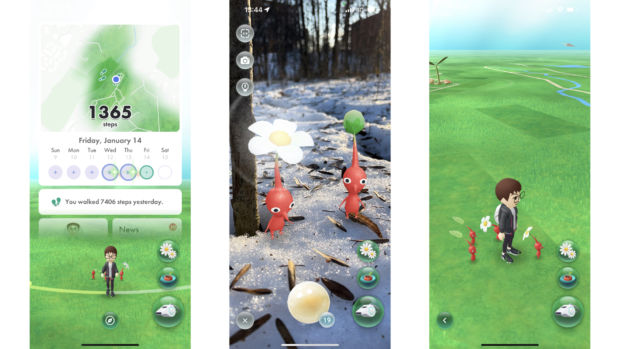 Tre skjermbilder fra spillet Pikmin Bloom som viser de må figurene fra spillet