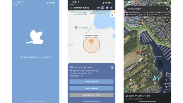 Skjermbilder som viser appen Randoneutica og kart fra Google Maps