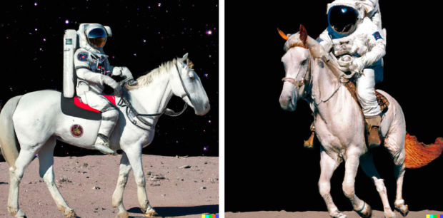 To bilder av en astronaut som rider på en hest