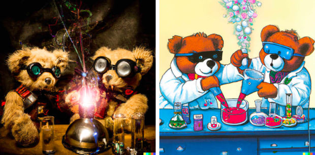 Illustrasjoner av teddybjørner som mikser kjemikalier