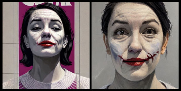 To bilder av Selda Ekiz sminket som The Joker
