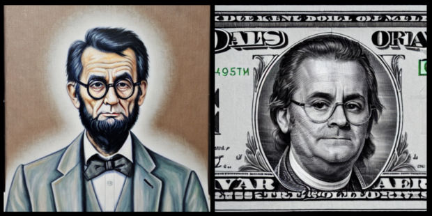 Illustrasjon med Thomas Seltzer som ser litt ut som et maleri av Abraham Lincoln og Thomas Seltzer på en dollarseddel